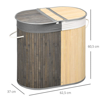 100-Liter-Wäschekorb aus Bambus, zwei Fächer, Grau/Natur