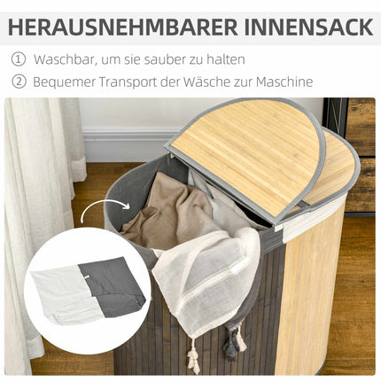 100-Liter-Wäschekorb aus Bambus, zwei Fächer, Grau/Natur