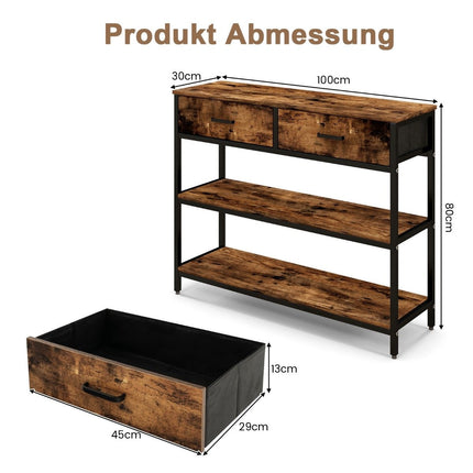 Table console 100 cm avec 2 tiroirs en tissu, table d'appoint à 3 niveaux, marron rustique