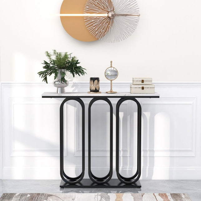 Table console en faux marbre de 100 cm avec repose-pieds réglables, cadre en métal et ensembles anti-basculement