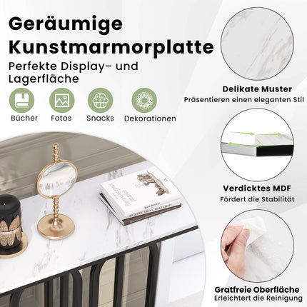 100 cm großer Konsolentisch aus Kunstmarmor mit verstellbaren Fußpolstern, Metallrahmen und Kippschutz-Sets