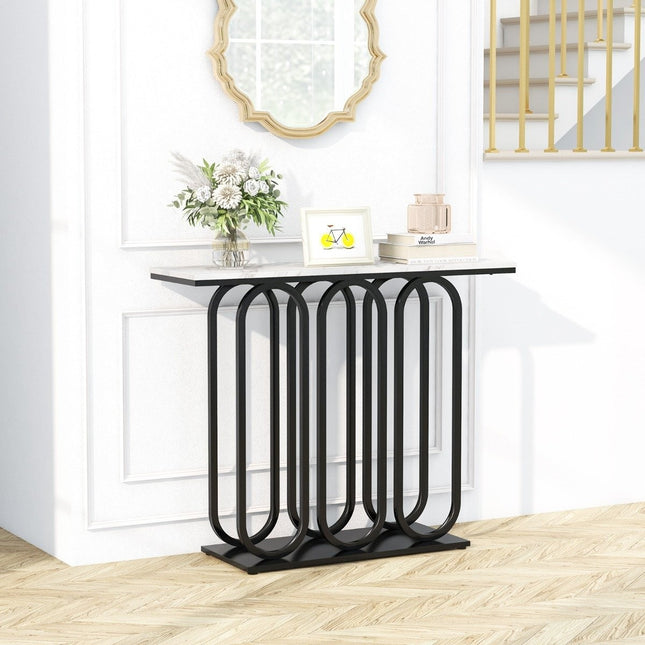 Table console en faux marbre de 100 cm avec repose-pieds réglables, cadre en métal et ensembles anti-basculement