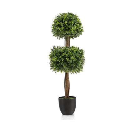 Buis artificiel de 100 cm de haut avec 2 sections de feuilles sphériques et pot en plastique rempli de ciment