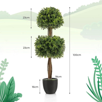 Buis artificiel de 100 cm de haut avec 2 sections de feuilles sphériques et pot en plastique rempli de ciment