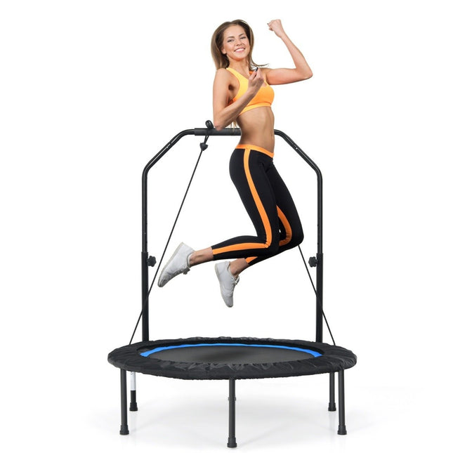 Trampoline Ø101 cm avec 2 bandes de résistance mini trampoline avec poignée réglable en hauteur noir + bleu