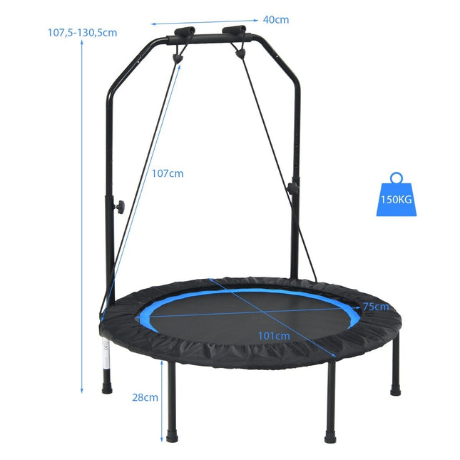 Trampoline Ø101 cm avec 2 bandes de résistance mini trampoline avec poignée réglable en hauteur noir + bleu