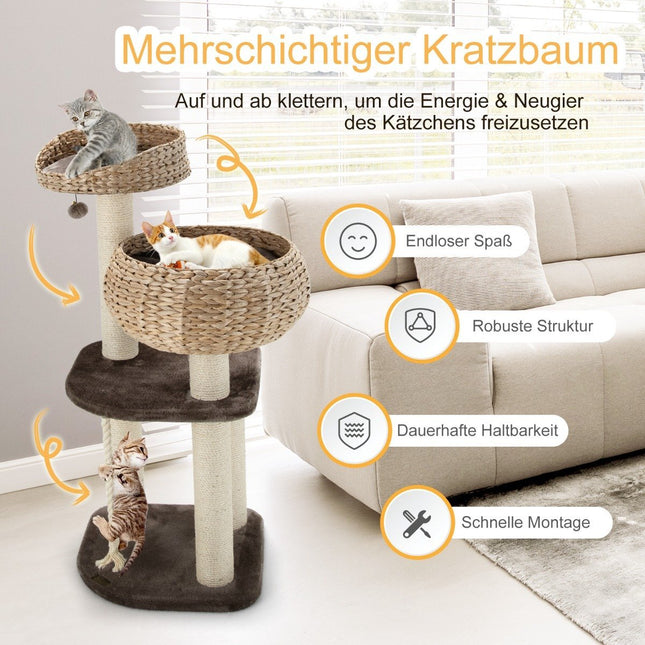 Arbre à chat en bois de 104 cm avec lits, boule de jouet, corde et colonnes enveloppées de sisal
