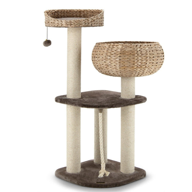 Arbre à chat en bois de 104 cm avec lits, boule de jouet, corde et colonnes enveloppées de sisal