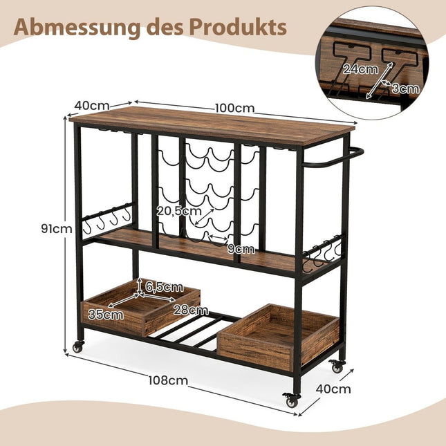 108 x 40 x 91 cm Desserte de cuisine à 3 niveaux avec roulettes &amp; Porte-verres et amp; Casier à vin et amp; Chariot de service à crochet chariot marron