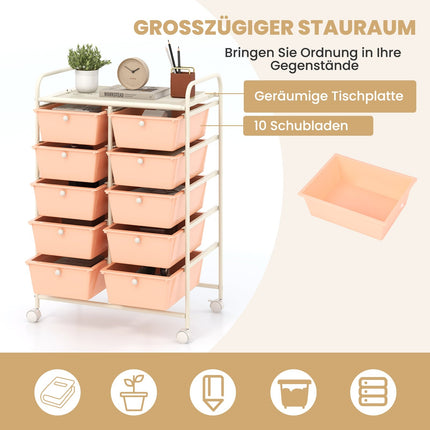 Rollwagen mit 10 Schubladen, Rosa, Metallrahmen