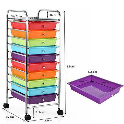 Chariot de rangement à roulettes à 10 tiroirs, rouge et violet, 33 x 37 x 86 cm