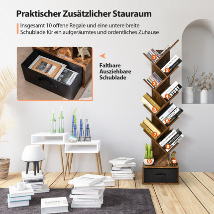Bücherregal mit 10 Etagen und Schubladen, für Schlafzimmer/Wohnzimmer, rustikales Braun