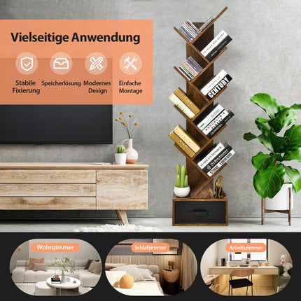Bücherregal mit 10 Etagen und Schubladen, für Schlafzimmer/Wohnzimmer, rustikales Braun