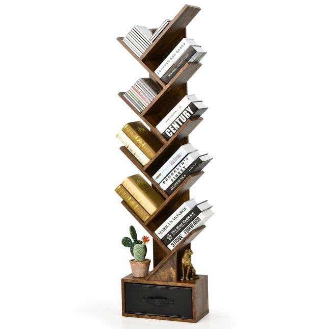 Bibliothèque d'arbre à 10 niveaux avec tiroir pour chambre/salon marron rustique
