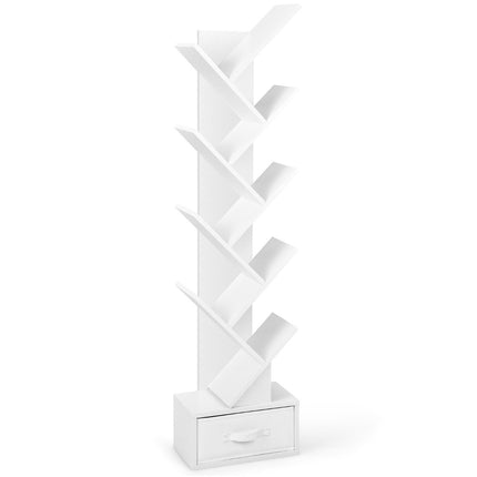 Bibliothèque d'arbre à 10 niveaux avec tiroir, support de rangement sur pied, blanc