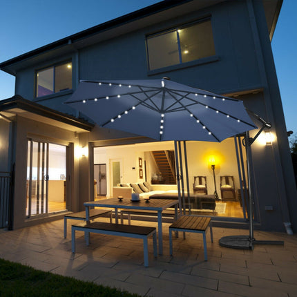 Parasol déporté solaire LED de 3 m – Rotation à 360°, bleu