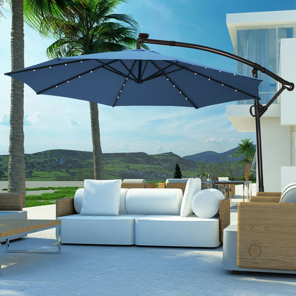 Parasol déporté solaire LED de 3 m – Rotation à 360°, bleu