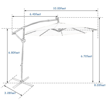 Parasol déporté solaire LED de 3 m – Rotation à 360°, bleu