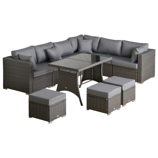 10 pièces. Groupe de sièges en rotin, avec chaises d'angle, table, tabourets, coussins d'assise et de dossier, rotin PE, polyester, 120 x 68 x 73 cm, gris foncé |