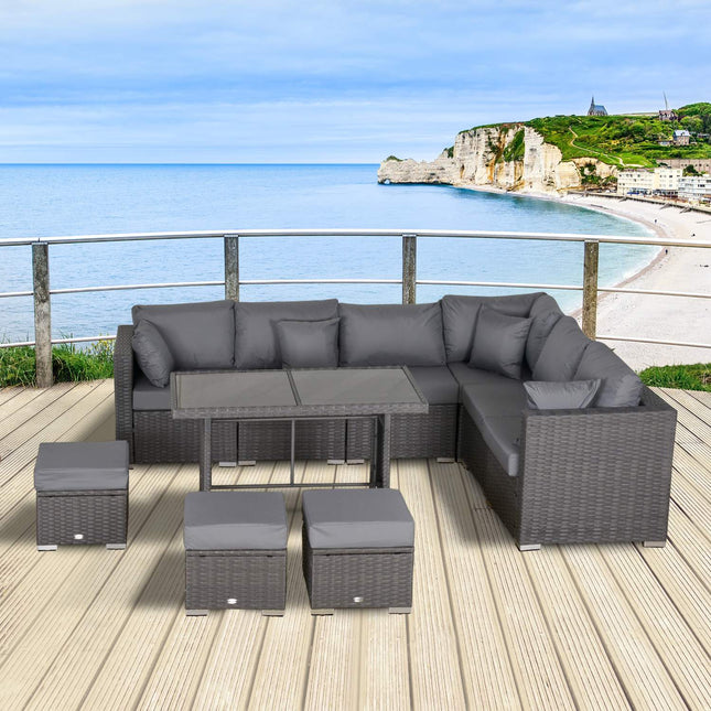 10 pièces. Groupe de sièges en rotin, avec chaises d'angle, table, tabourets, coussins d'assise et de dossier, rotin PE, polyester, 120 x 68 x 73 cm, gris foncé |