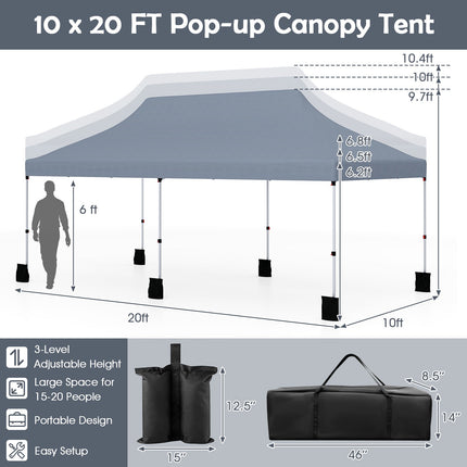 Tente pliante 10x20, hauteur réglable, sac de transport inclus