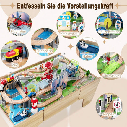 110-teiliger Holzeisenbahntisch mit Aufbewahrung für Kleinkinder ab 3 Jahren