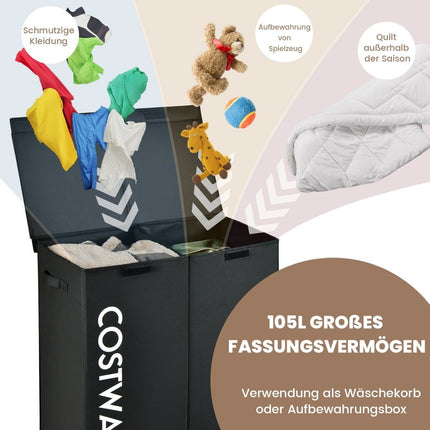 Panier à linge 115 L, 2 compartiments, tissu, couvercle et poignées