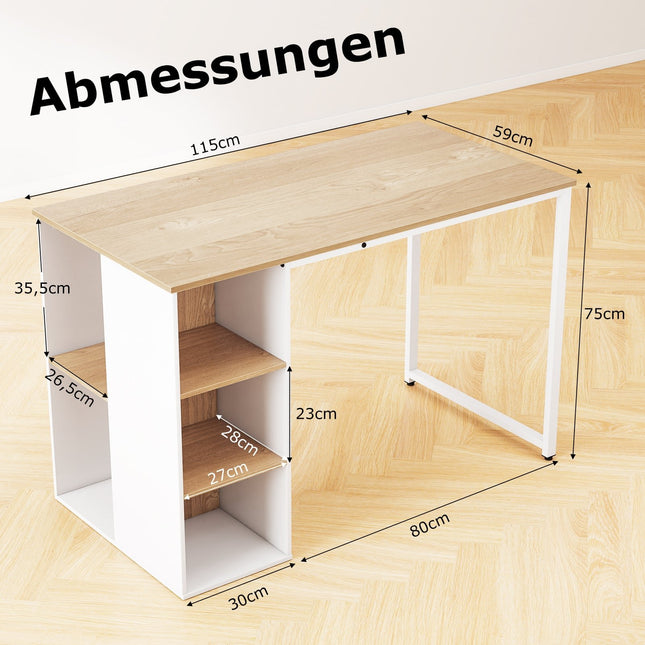Bureau d'ordinateur de 115 cm avec 5 étagères de rangement, finition naturelle