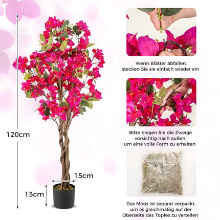 Bougainvillier artificiel de 120 cm avec pot, rose, lot de 2