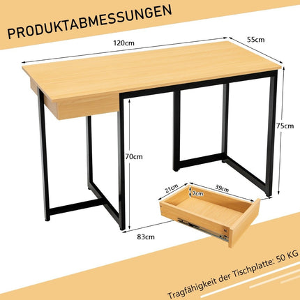 Bureau d'ordinateur de 120 cm de long avec tiroir et coussinets réglables Bureau d'ordinateur naturel