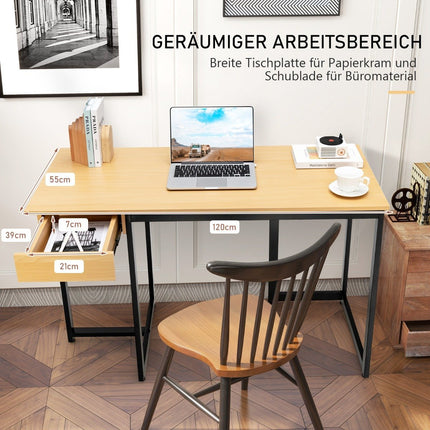 Bureau d'ordinateur de 120 cm de long avec tiroir et coussinets réglables Bureau d'ordinateur naturel