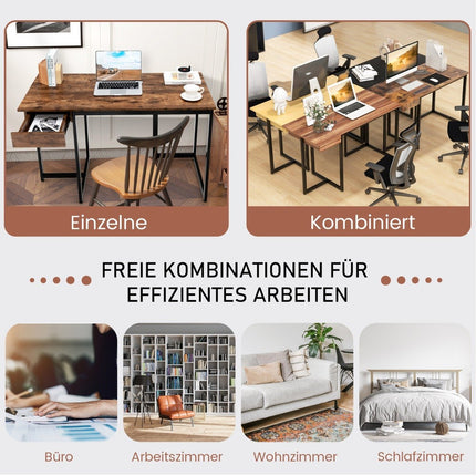 120 cm langer Computertisch mit Schublade und verstellbaren Polstern, Computertisch, rustikales Braun