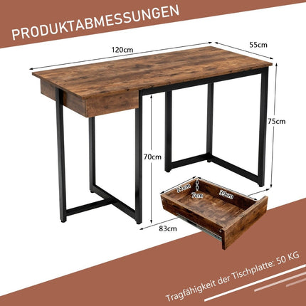 120 cm langer Computertisch mit Schublade und verstellbaren Polstern, Computertisch, rustikales Braun