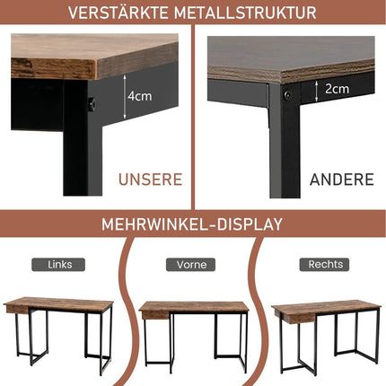 120 cm langer Computertisch mit Schublade und verstellbaren Polstern, Computertisch, rustikales Braun