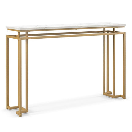 Table console 120 cm avec plateau en faux marbre et table de couloir à structure métallique géométrique dorée