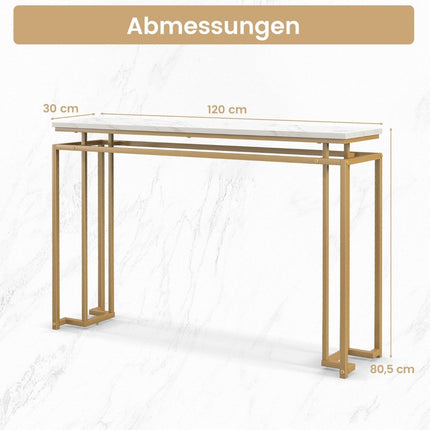 Table console 120 cm avec plateau en faux marbre et table de couloir à structure métallique géométrique dorée