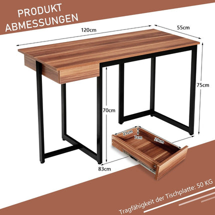 Bureau d'ordinateur de 120 cm de long avec tiroir et patins réglables Bureau d'ordinateur en noyer
