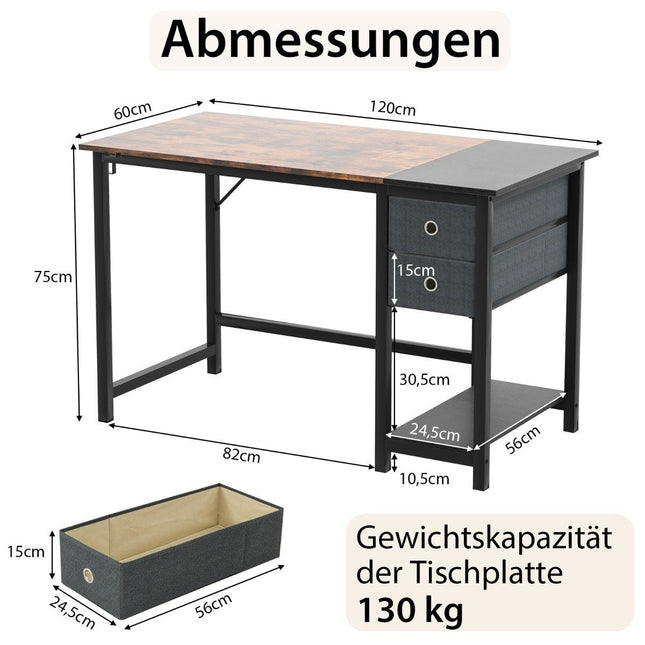 Bureau d'ordinateur de 120 cm de long avec 2 tiroirs, crochet pour casque et compartiment de rangement