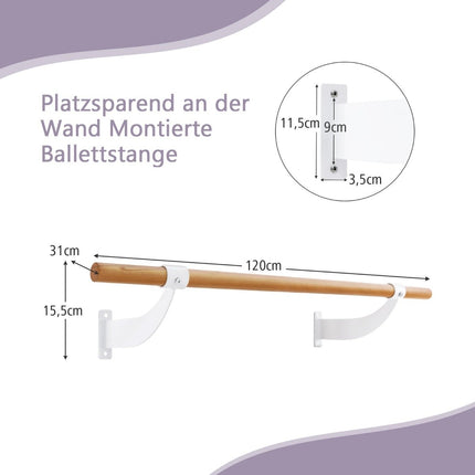 120 cm lange Holz Ballettstange inkl. Wandabstand Wandmontage Tanzstange Natur