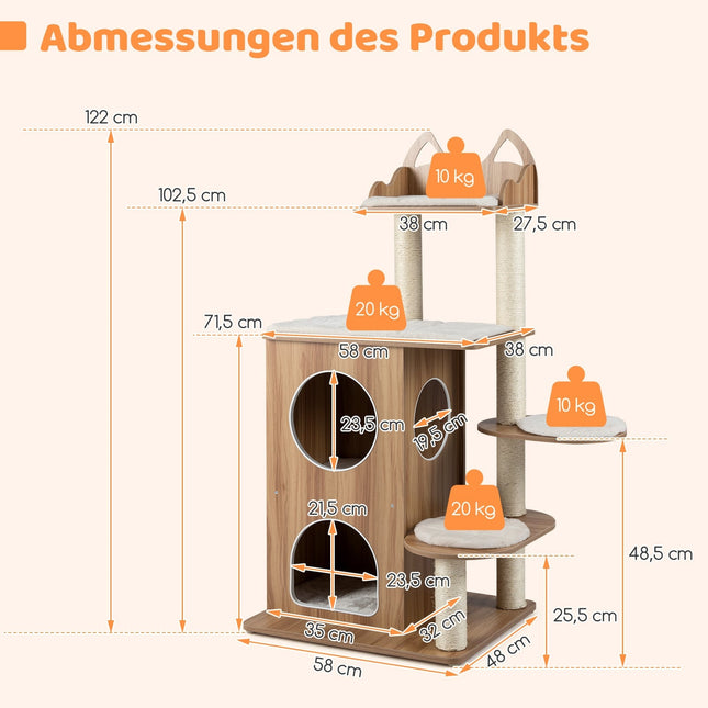 Arbre à chat de 122 cm avec niche à 2 étages et poteaux en sisal