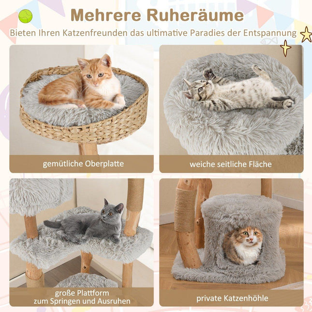 124 cm Katzenbaum mit Holzrahmen, Jute-Säulen, Plüschsitz