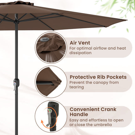 Parasol de terrasse de 3,65 m (12 pi) avec manivelle, 8 baleines, couleur café