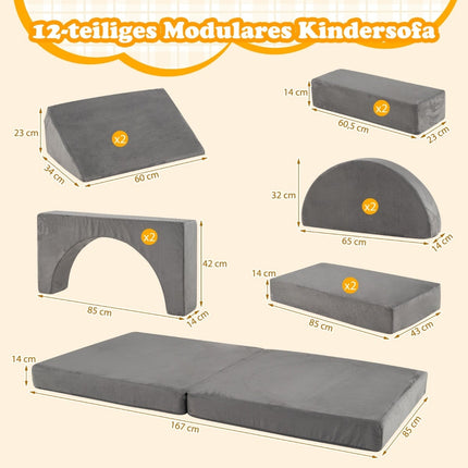 Canapé modulable 12 pièces pour enfants avec housses lavables, gris foncé