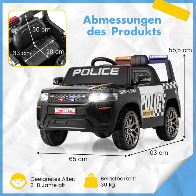 Voiture de police pour enfants 12V avec télécommande, sirène et gyrophares LED