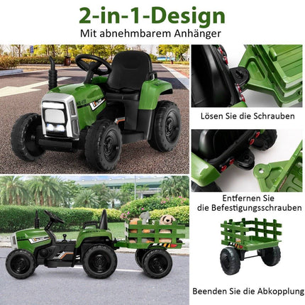 12V Kindertraktor mit abnehmbarem Anhänger und ferngesteuertem Elektro-Spielzeugauto, Grün