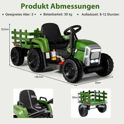 12V Kindertraktor mit abnehmbarem Anhänger und ferngesteuertem Elektro-Spielzeugauto, Grün