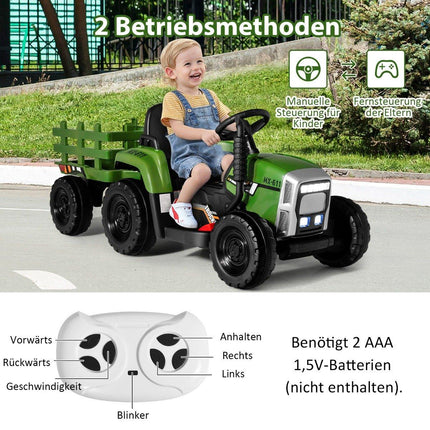 12V Kindertraktor mit abnehmbarem Anhänger und ferngesteuertem Elektro-Spielzeugauto, Grün