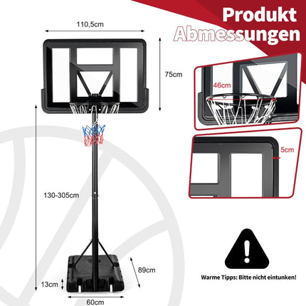 Support de basket 130 - 305 cm avec filet et 2 roulettes, réglable en hauteur noir