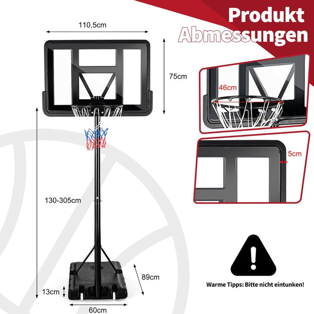 Support de basket 130 - 305 cm avec filet et 2 roulettes, réglable en hauteur noir
