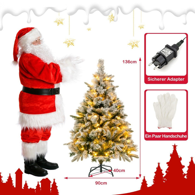 Sapin de Noël artificiel de 136 cm avec neige et 150 lumières LED blanc chaud, vert